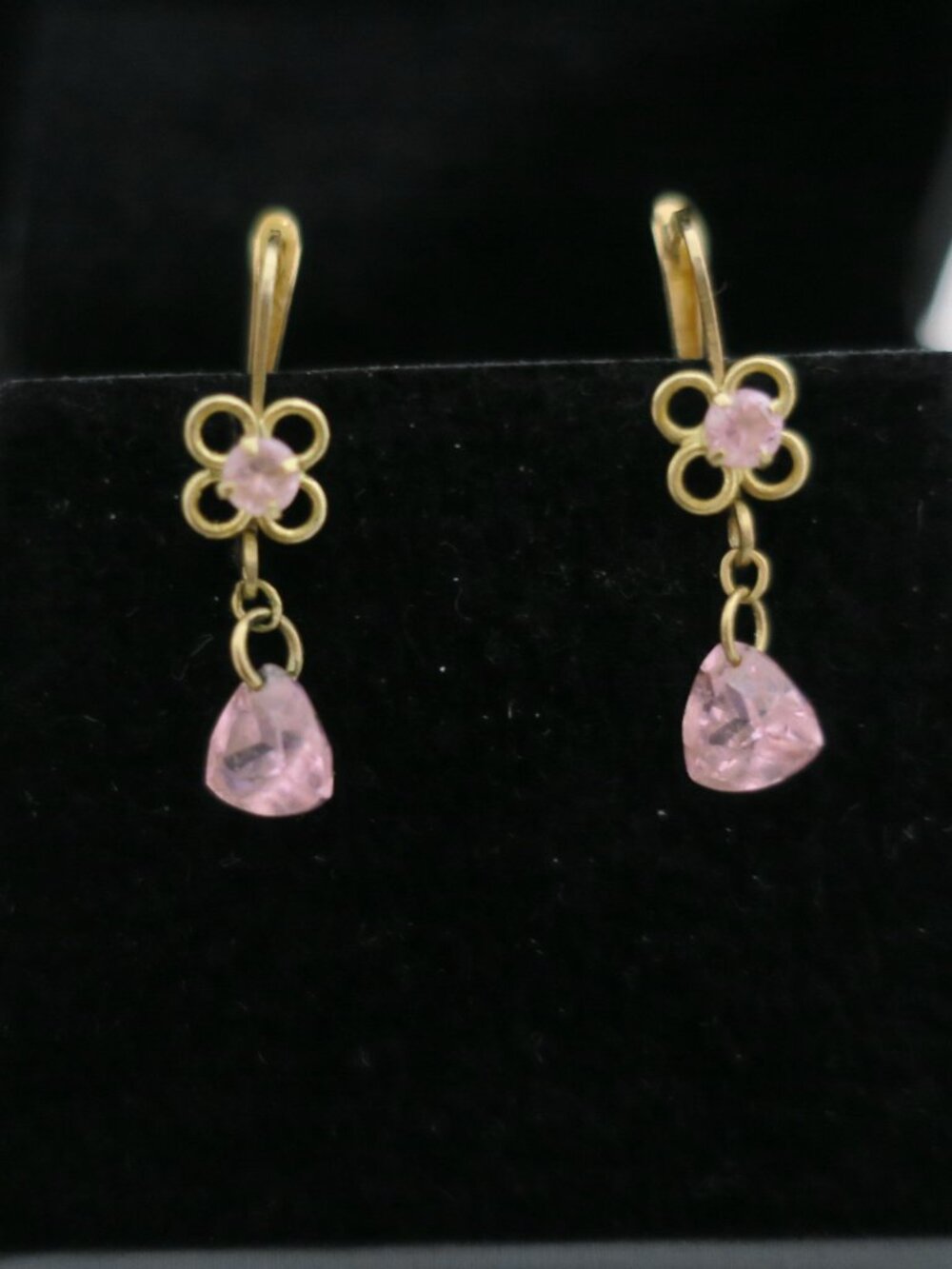 Share 14k Yellow Gold Leverback Earrings with Flower and Pink Crystal